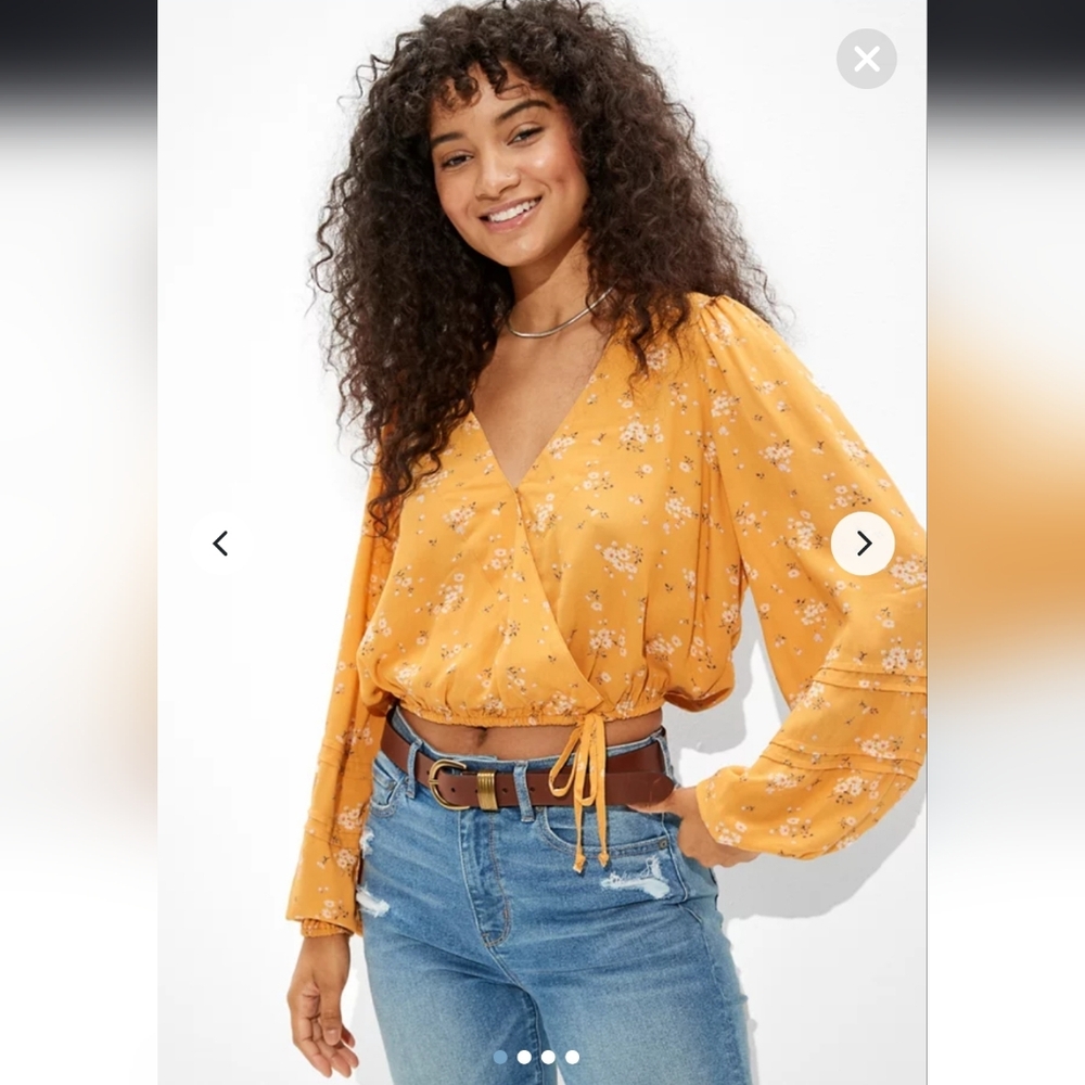 American Eagle Outfitters Yellow Floral Wrap Blouse, Medium - Picture 2 of 8